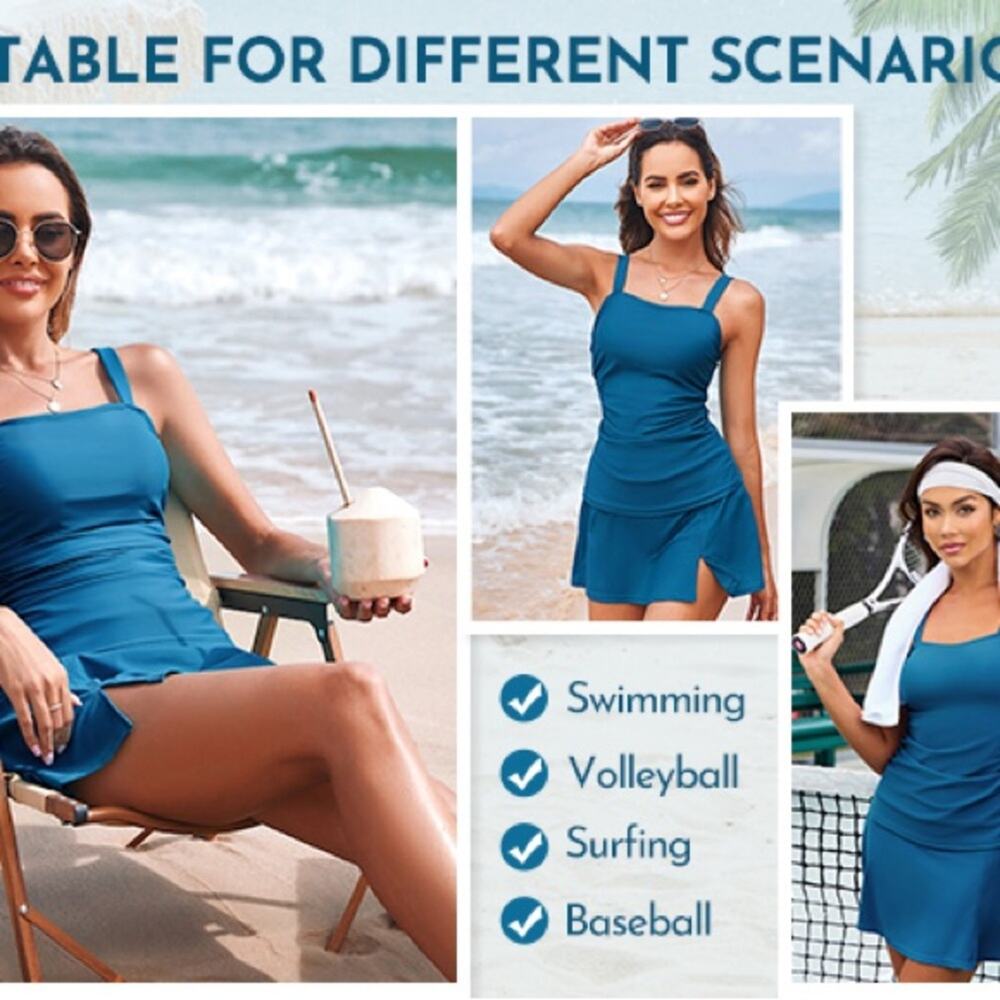 Blue Ruched Tummy Control Swim Dress Set - Picture 4 of 15